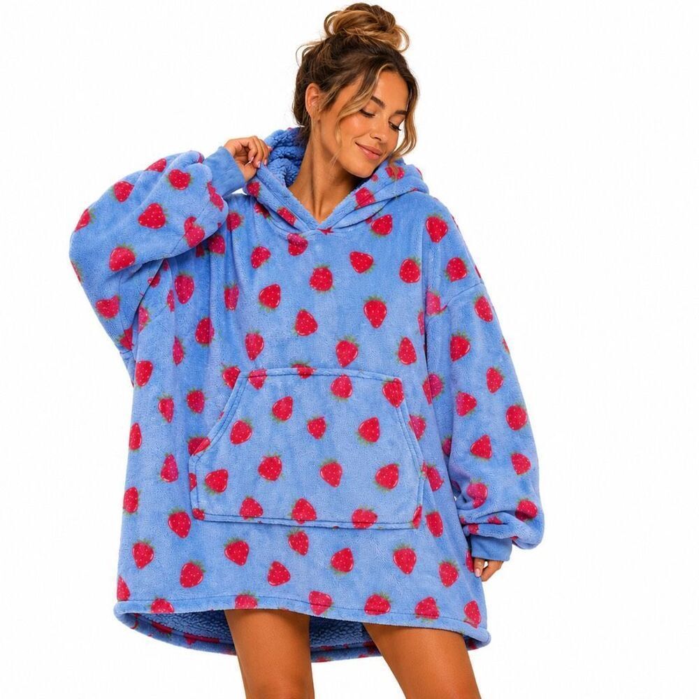 Ruby & Jewell Oversized Strawberry Wearable Blanket Hoodie S/M Blue Plush Lounge